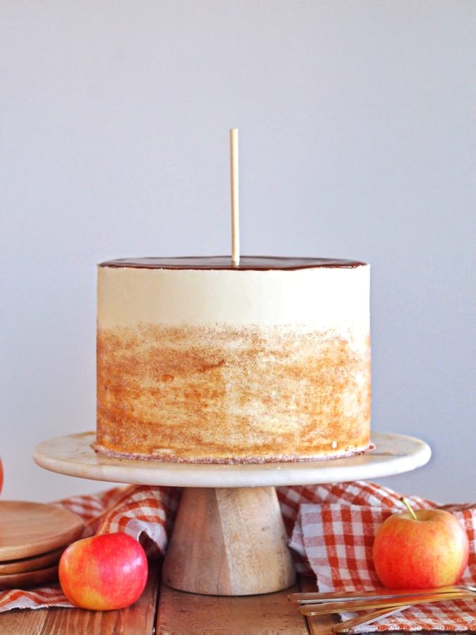 Inspired by the Rocky Mountain Chocolate Factory Apple Pie Caramel Apple, my Caramel Apple Cake is made up of caramel cake layers, apple pie filling, caramel and white chocolate frosting #cakebycourtney #caramelapple #caramelcake #caramelapplecake