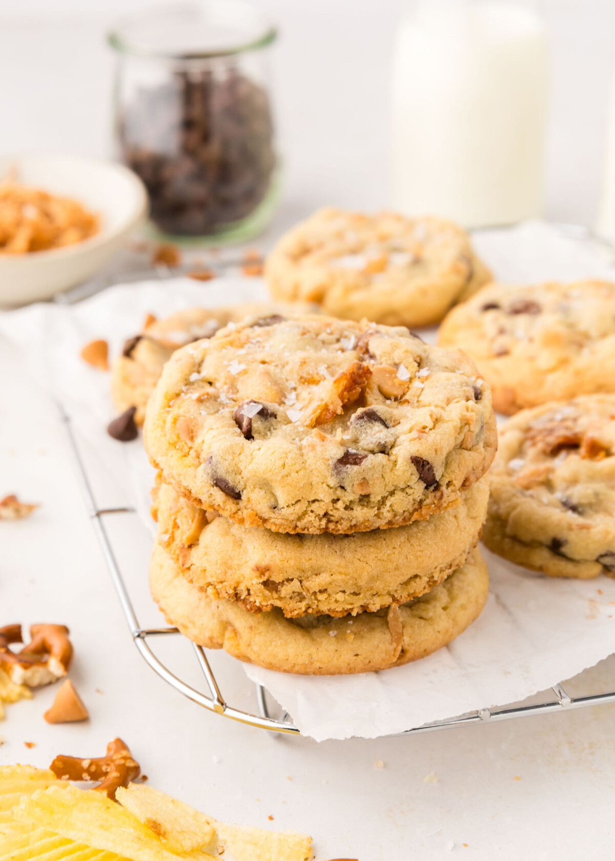 Stack of cookies on a cooling rack.