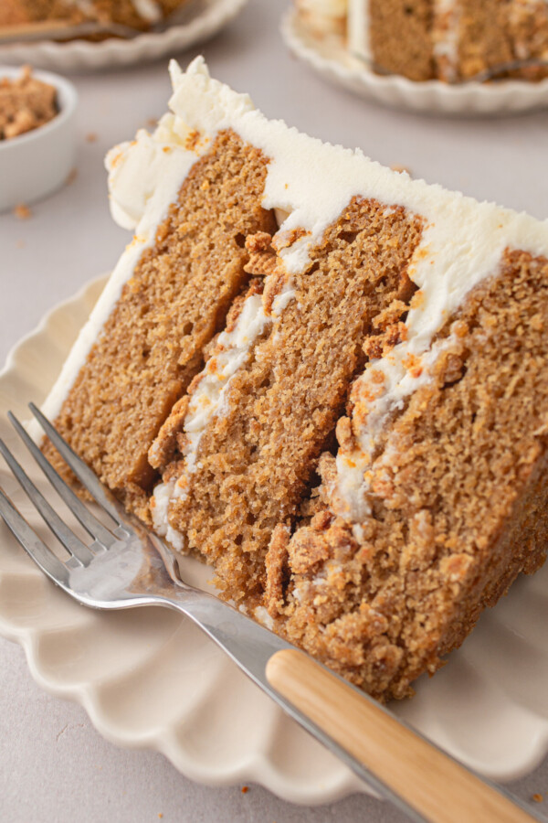 A slice of cake on a plate with a fork.