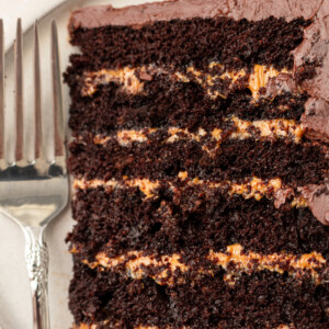 A six layer chocolate cake with caramel between the layers.