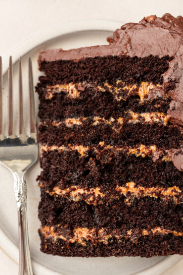 A six layer chocolate cake with caramel between the layers.