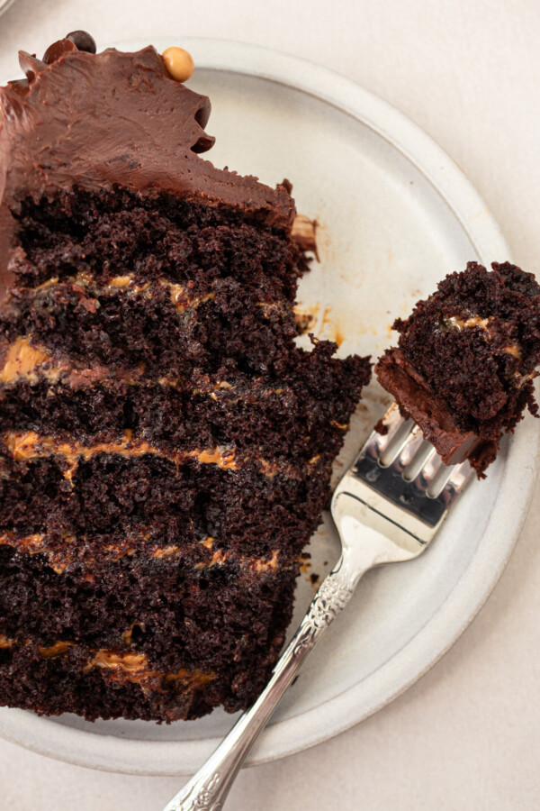 A slice of cake with a bite taken out of it.