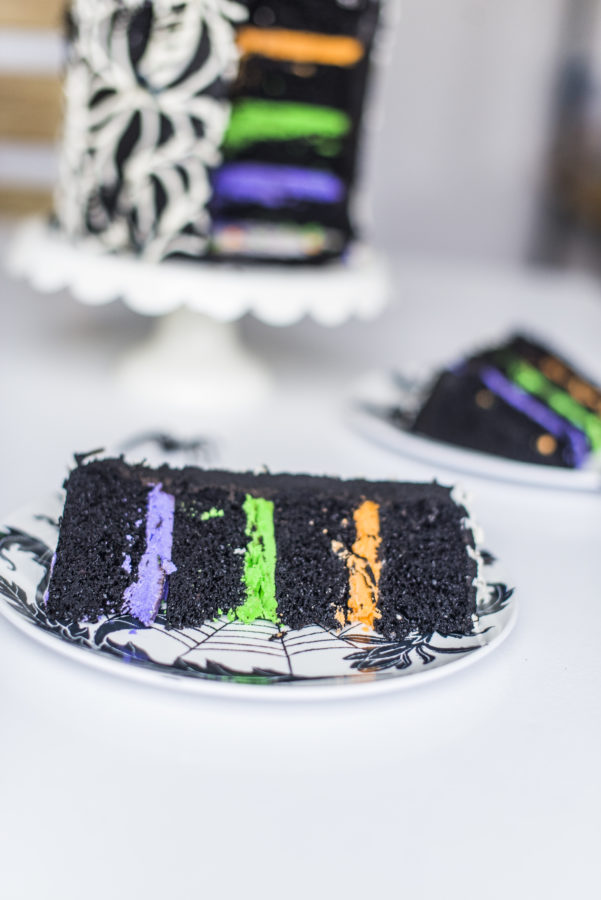 Three easy and cute Halloween cakes #halloweencakes #halloweencake #easyhalloweencakeideas #cutehalloweencakes #stripedcake #partyanimals #cakebycourtney #blackbuttercream #blackfrosting