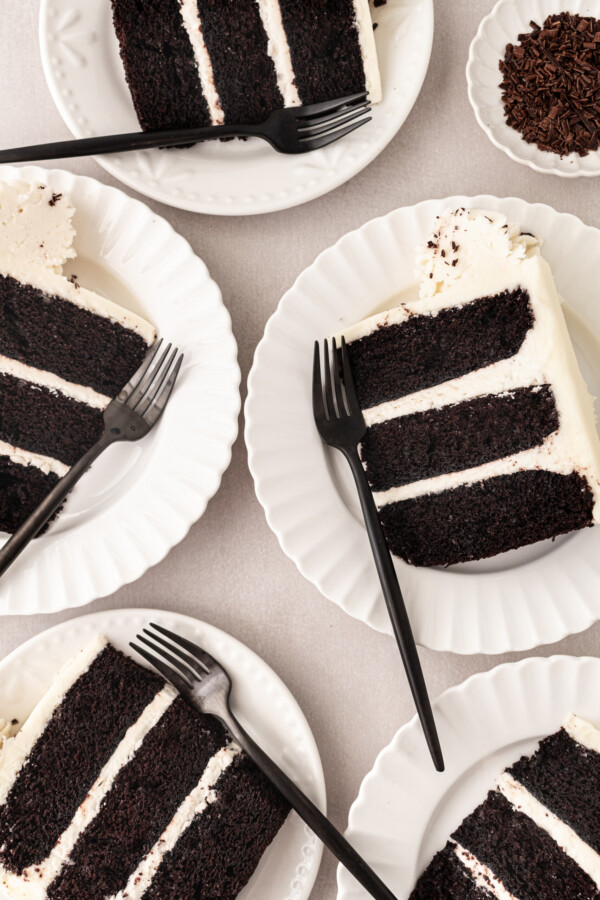 Slices of chocolate cake on plates.