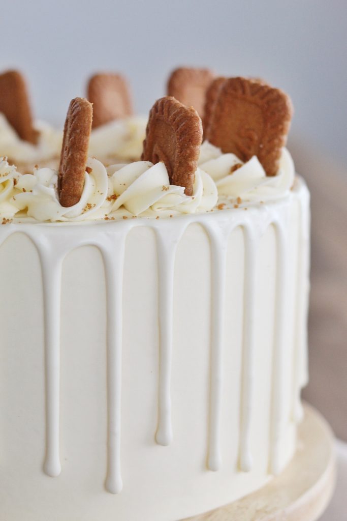 Closeup of professional piping and cake decorating tips on a layered cake with biscoff cookies