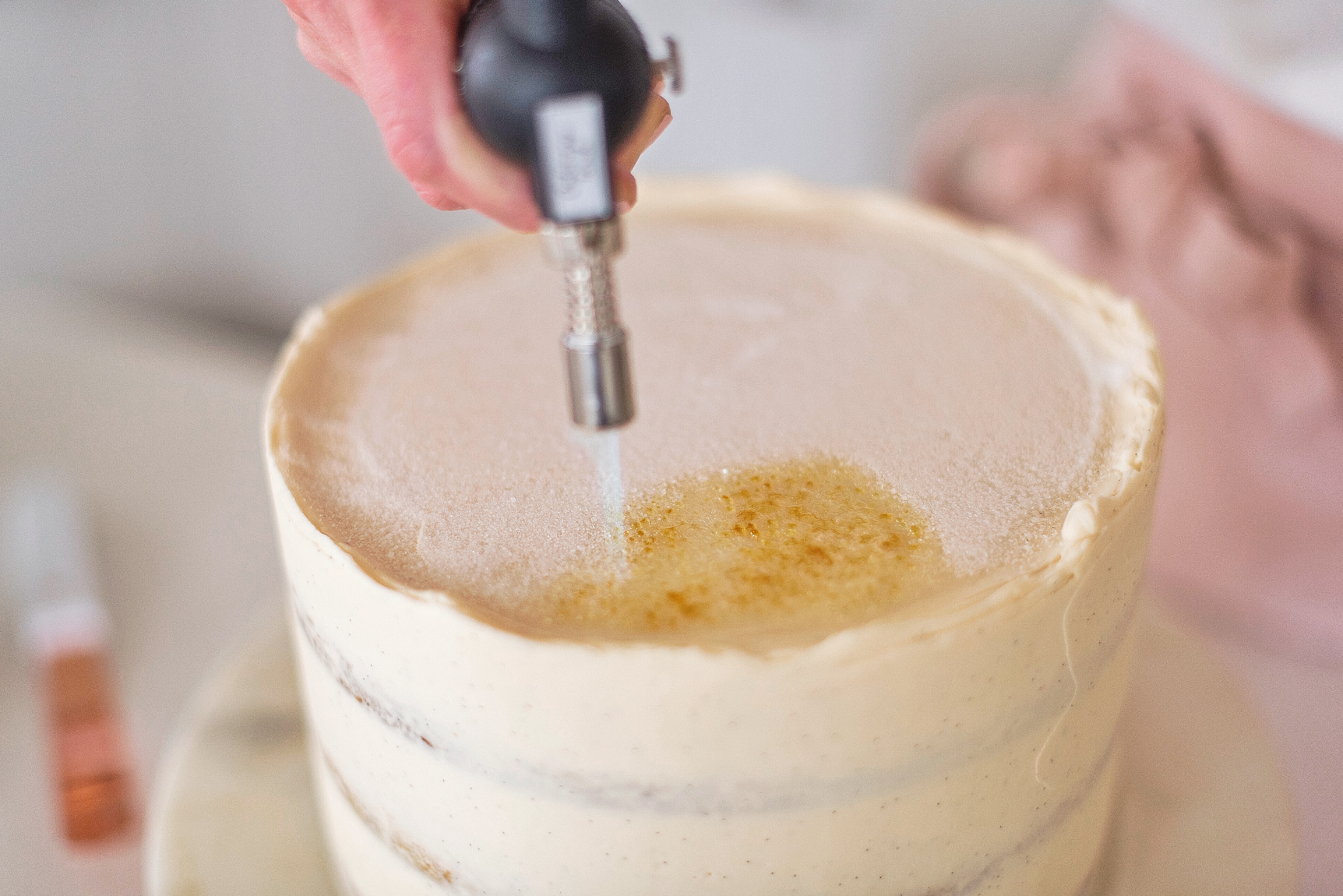 Creme Brûlée Cake: vanilla bean cake layers baked on a graham cracker crust, filled with vanilla bean custard and covered in a vanilla bean buttercream #cakebycourtney #cake #cremebrulee #cremebruleecake #cakerecipe #vanillabeancake #vanillacake
