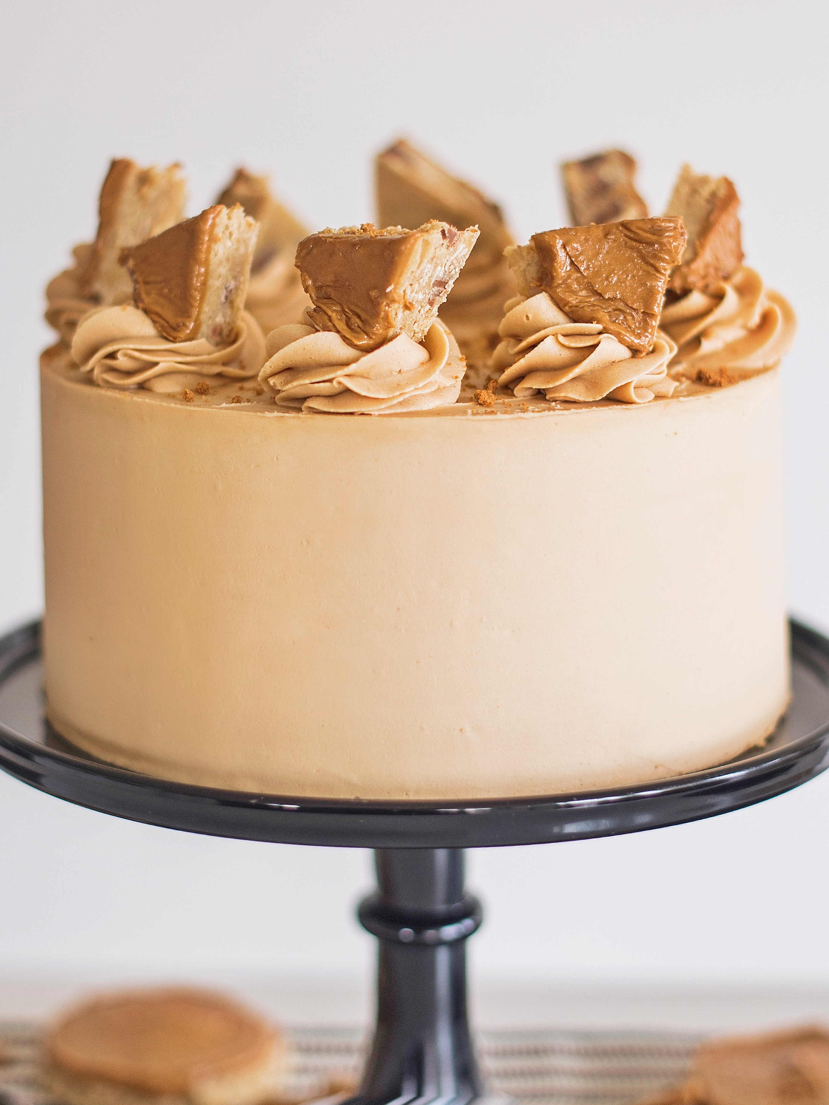 Oatmeal Biscoff Cake: oatmeal chocolate chip cake layers baked on a Biscoff crust, topped with Biscoff spread and Biscoff buttercream. #cakebycourtney #cakerecipe #oatmealcakerecipe #biscoff #cookiebutter #cookiebuttercakerecipe #biscoffbuttercream #cookiebutterbuttercream