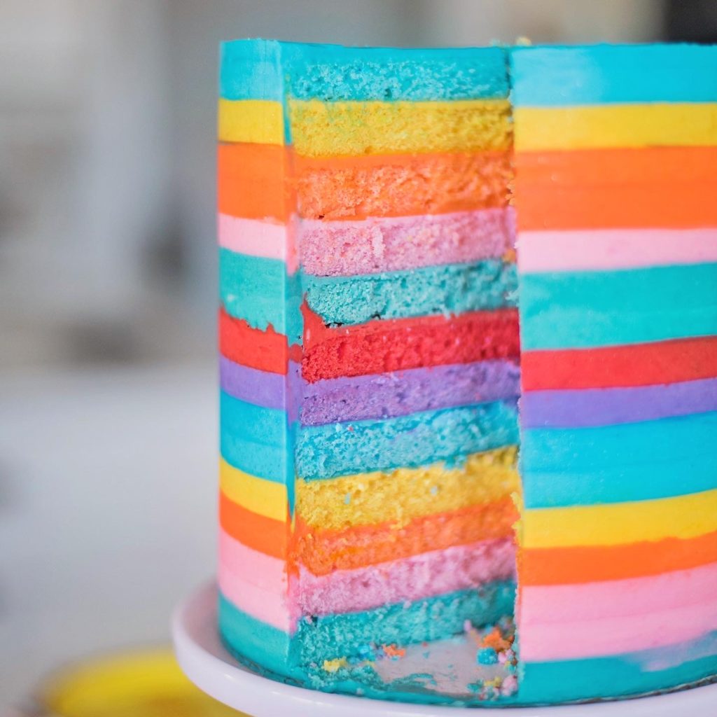 Striped Buttercream Rainbow Cake - this 8-inch round, 10-inch tall cake is the ultimate rainbow birthday cake #birthdaycake #rainbowcake #buttercreamcake