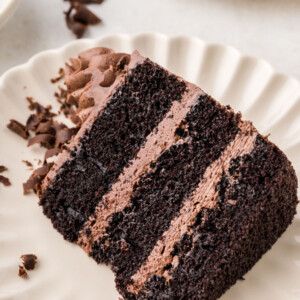 A slice of chocolate cake on a plate.