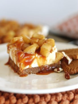 No-Bake Caramel Apple Cheesecake Bars with Biscoff Pecan Crust