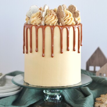 The most delicious gingerbread cake layers with salted caramel buttercream, caramel drip and toffee bits.