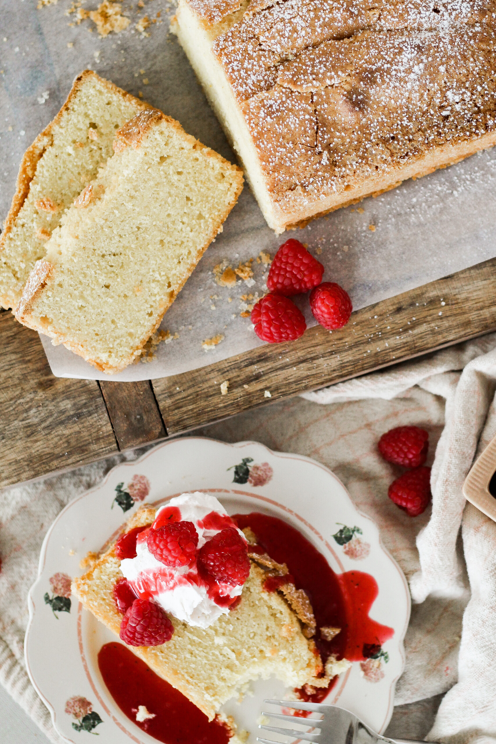 This cake pairs great with a berry compote and whipped cream