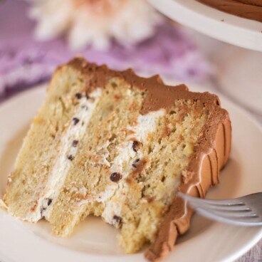 Banana cake layers with chocolate chip mascarpone filling and mocha frosting
