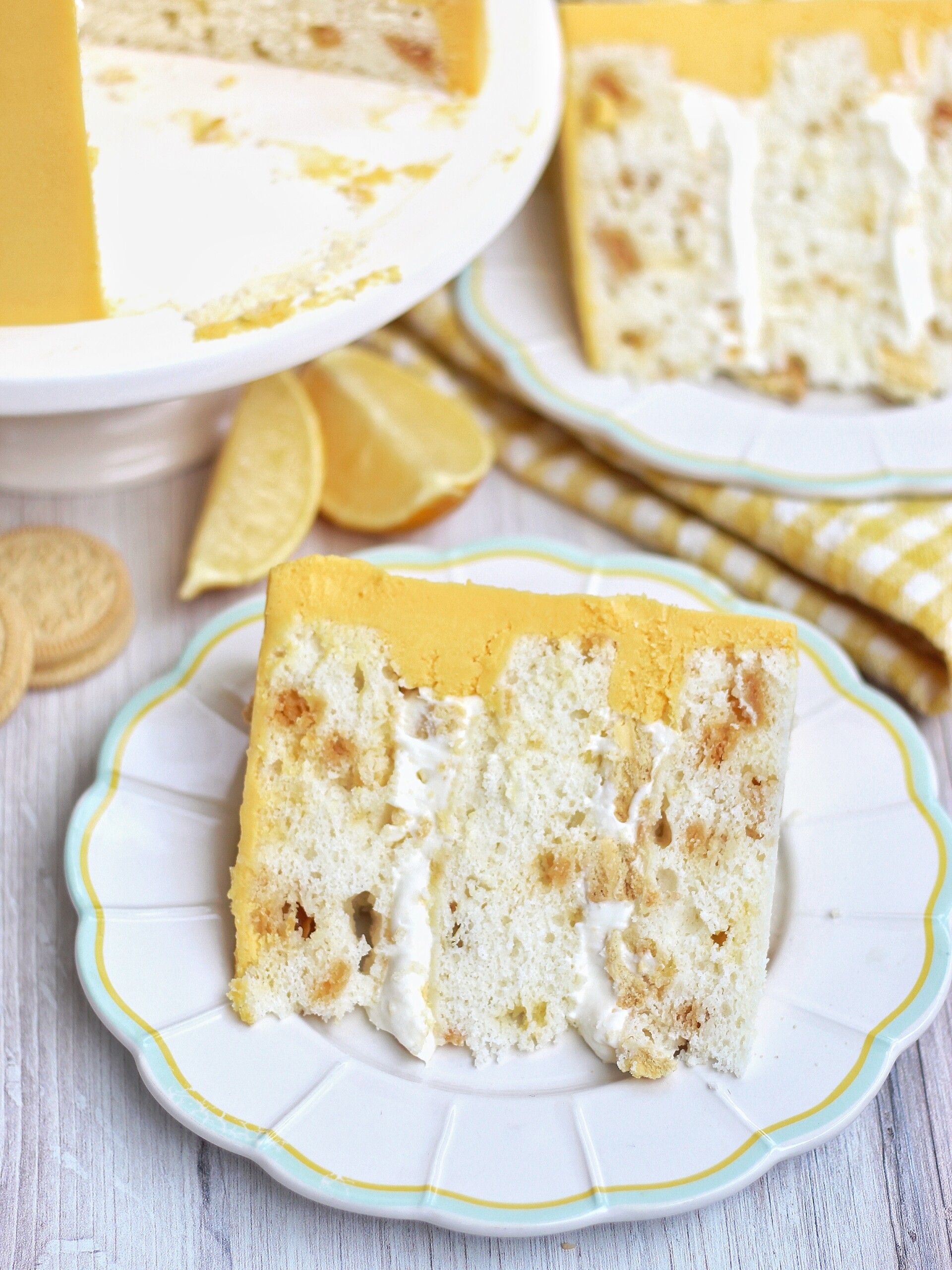 The most delicious lemon cake made with lemon Oreo cake layers, whipped cream cheese filling and lemon buttercream.