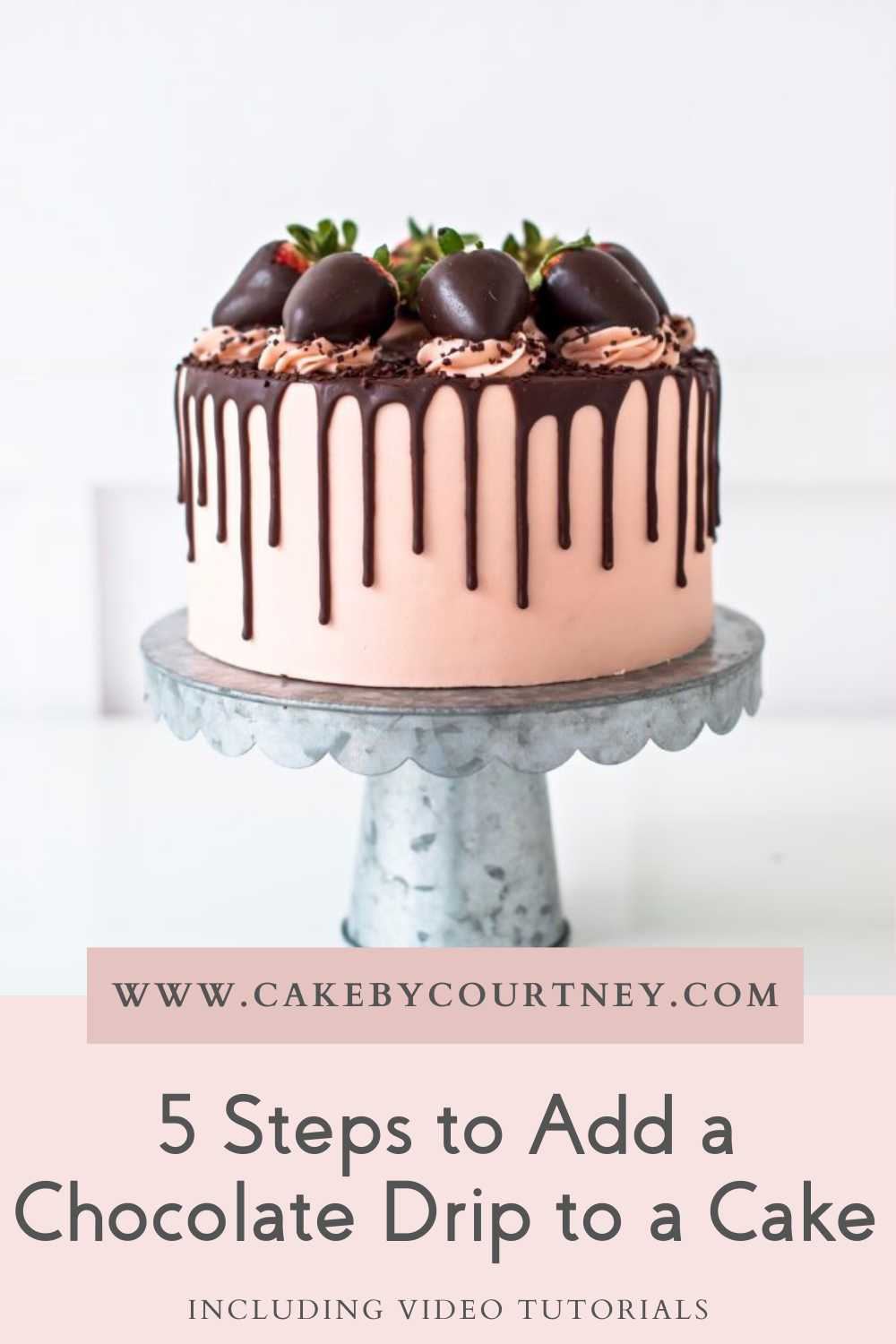 5 steps to add a chocolate drip to a cake. www.cakebycourtney.com