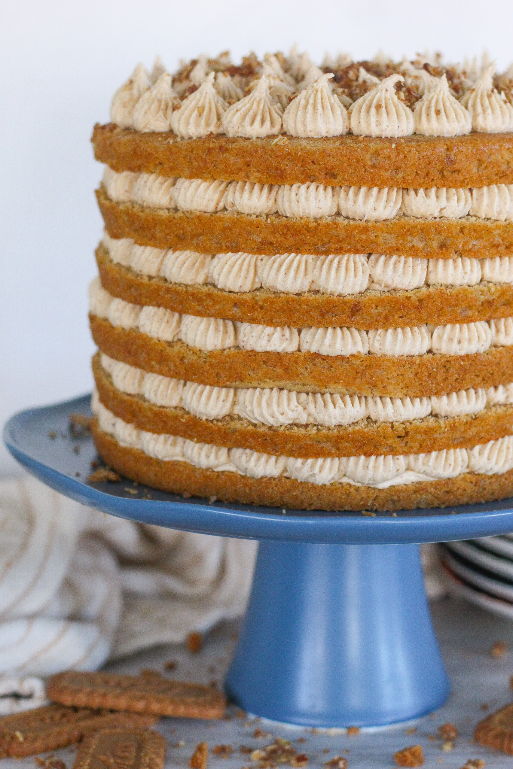 Six layer cake on a blue cake stand with cookies.