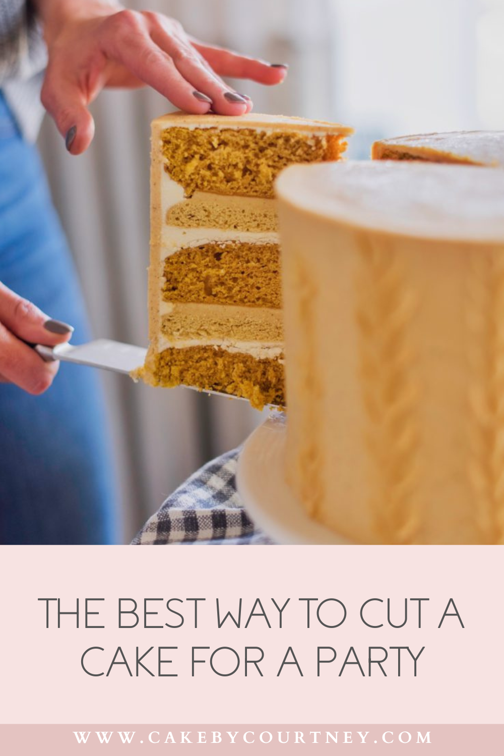 quick tips on how to cut a cake for a party. Here are a few tips on how to cut a cake for a party! You'll get nice and beautiful slices every time. www.cakebycourtney.com