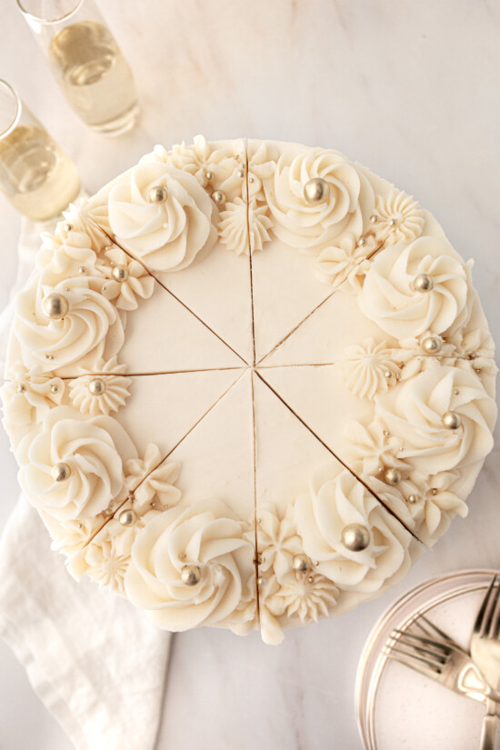 A top view of a cake with all the slices cut into it.