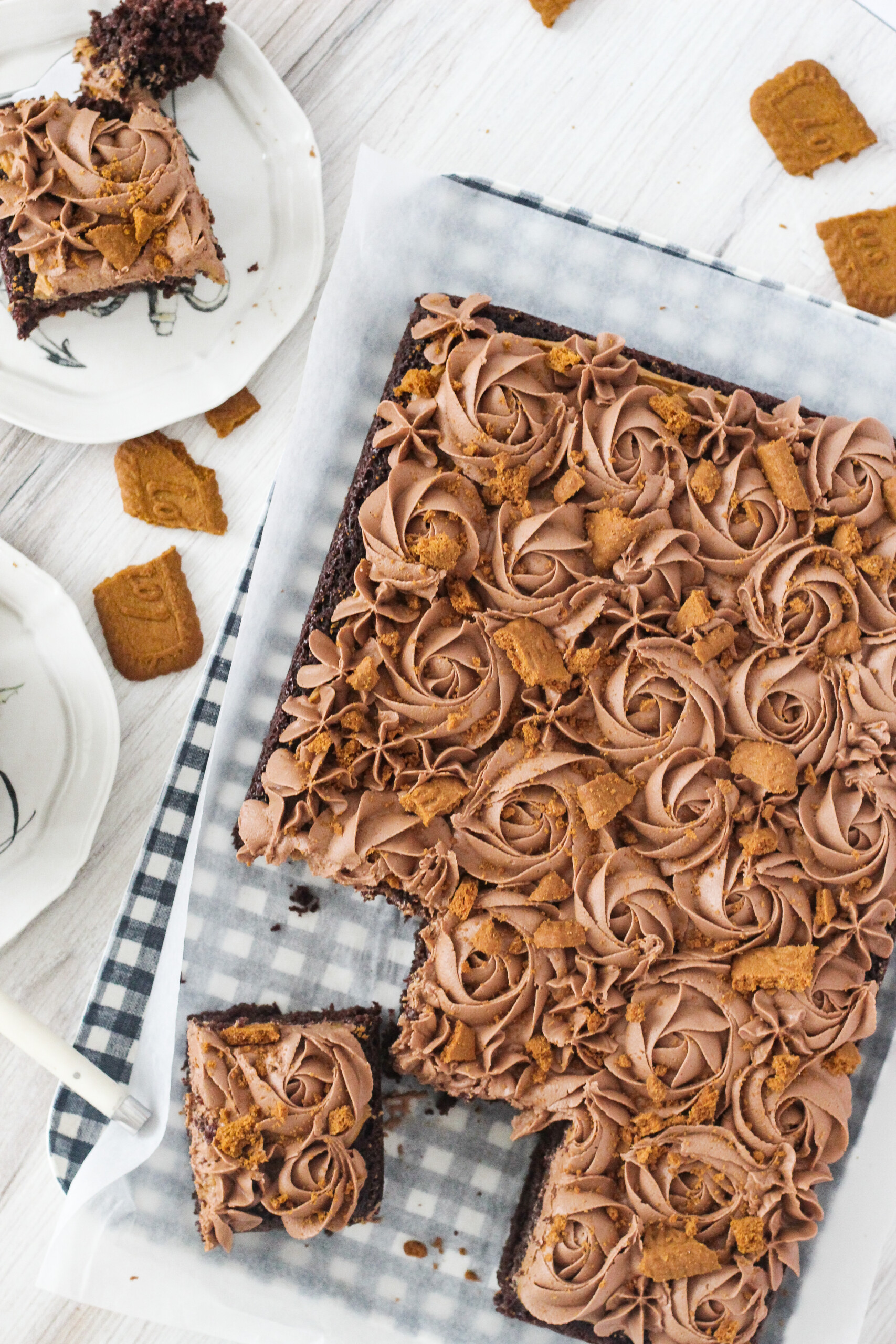 Swirled Caramel Sheet Cake with Fudgy Chocolate Frosting. - Half