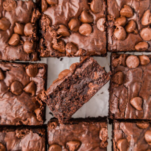 Brownies cut into squares on parchment paper.