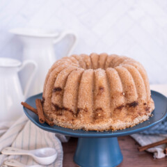 Snickerdoodle Bundt Cake on a cake stand.