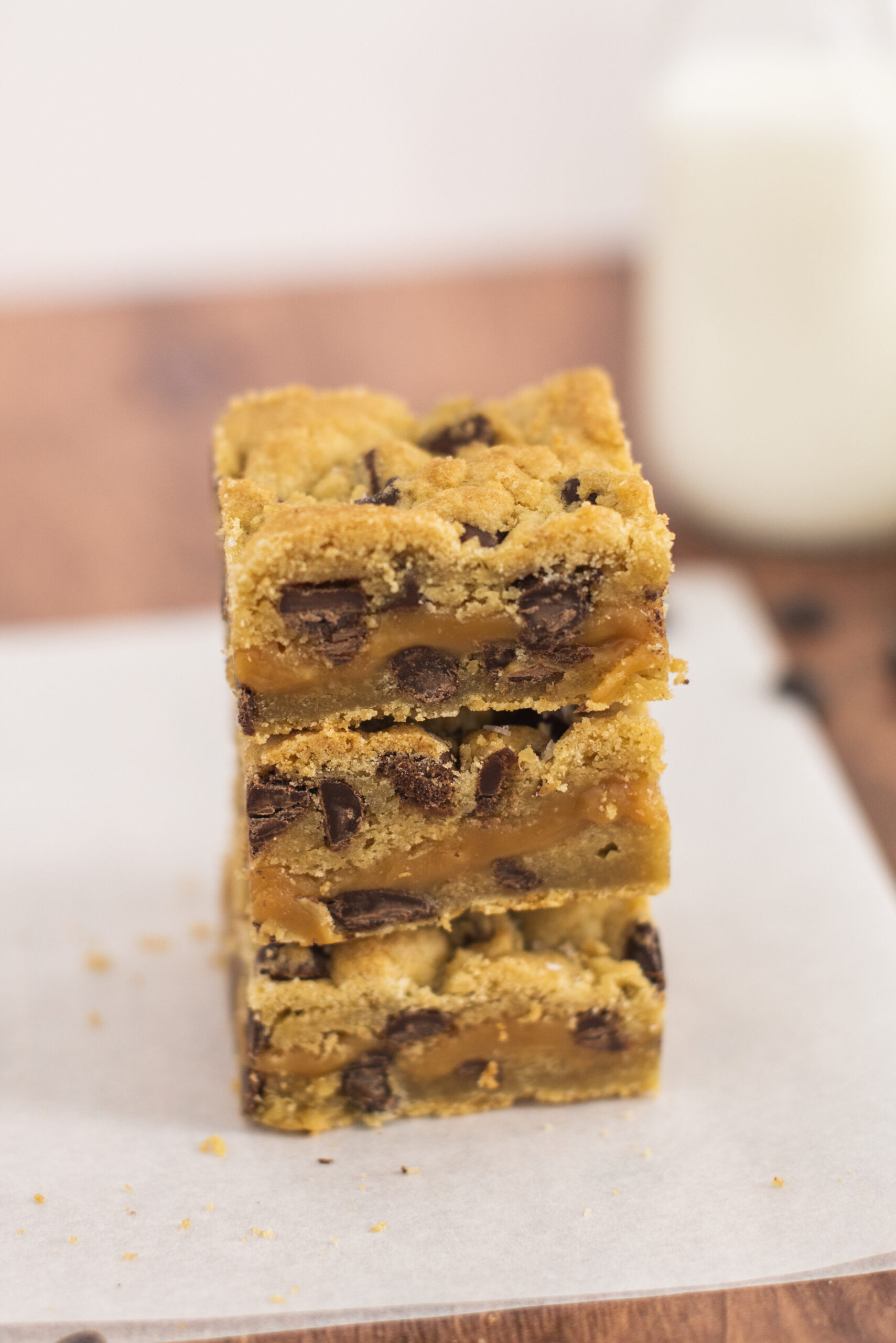 Stack of chocolate chip caramel bars.