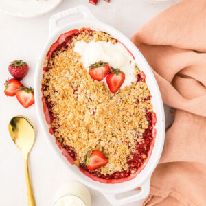 Strawberry Rhubarb Crumble in a baking dish.