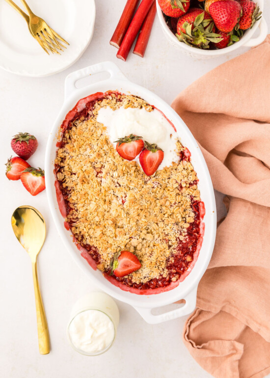 Strawberry Rhubarb Crumble in a baking dish.