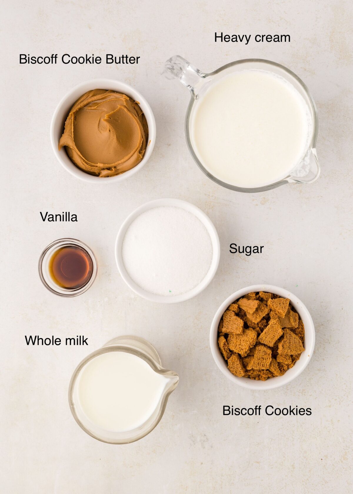 Ingredients measured and in bowls to make Biscoff ice cream