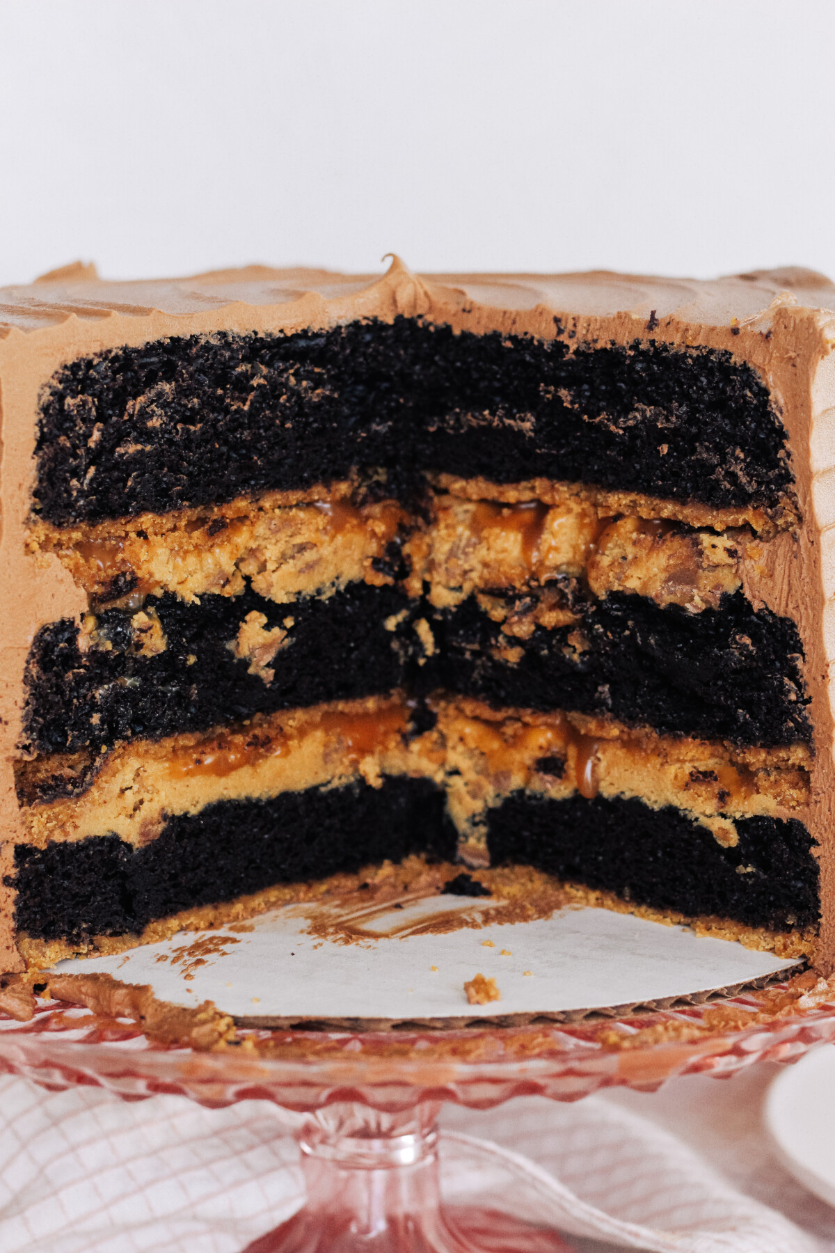 Peanut butter chocolate cookie cake cut open.