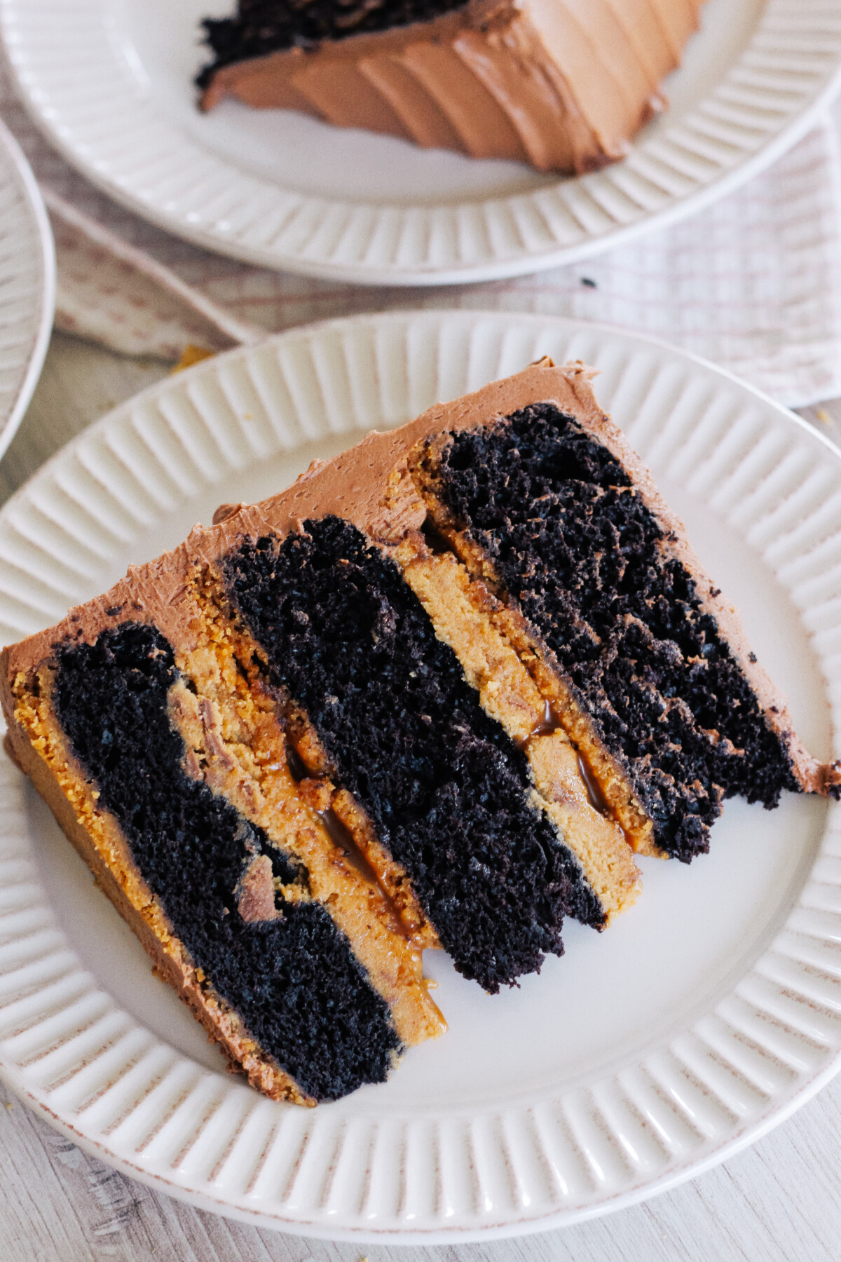 A slice of cake on a plate.