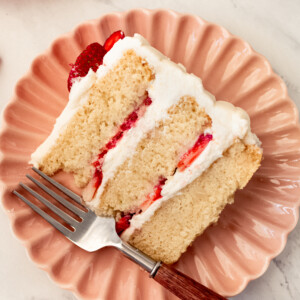 A slice of cake on a plate with a fork.