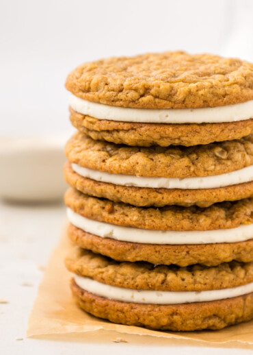 A stack of oatmeal creme pie cookies.