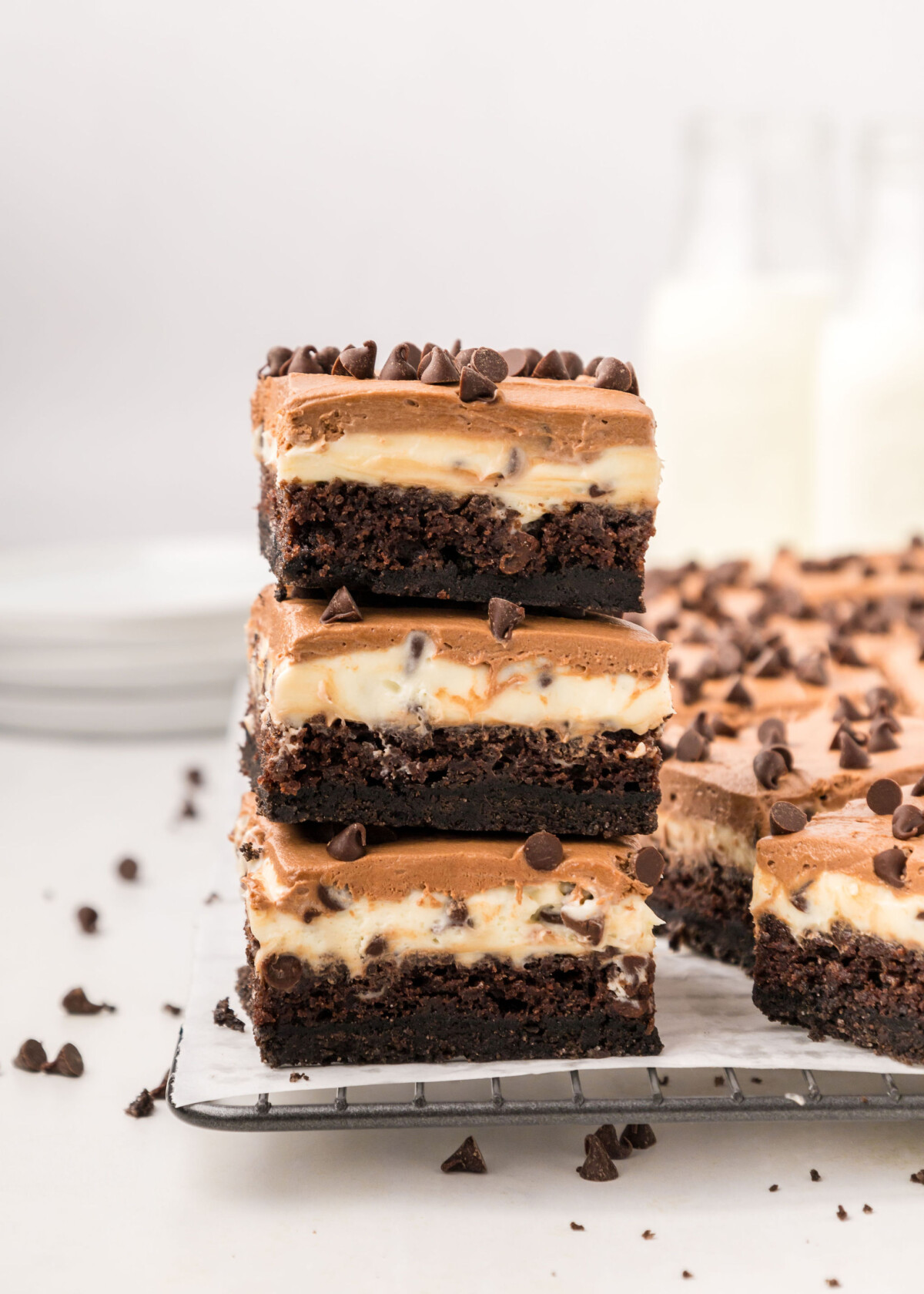 Stack of chocolate cake bars with chocolate chips.