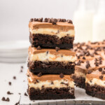 Stack of chocolate cake bars with chocolate chips.