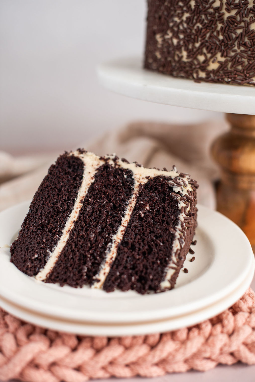 A slice of cake on a plate.