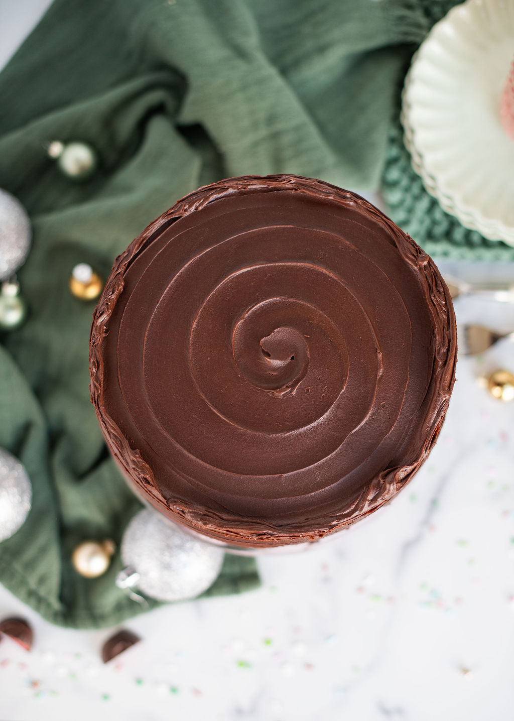 The top of a chocolate cake.