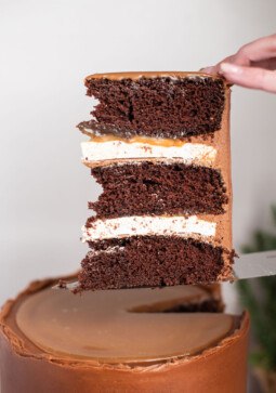 A slice of chocolate cake being held on top of a knife.