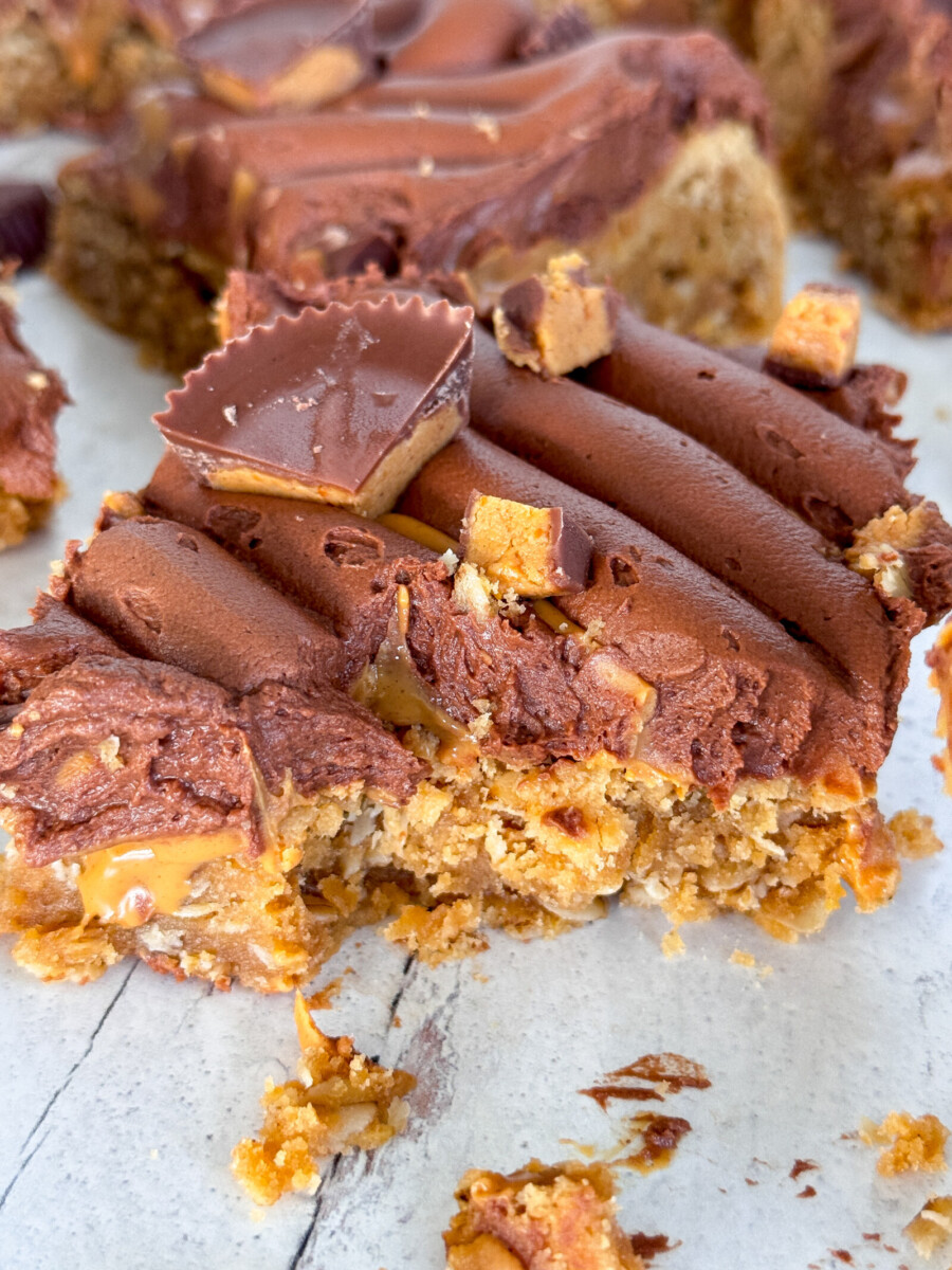 A peanut butter blondie bar with chocolate frosting on top.