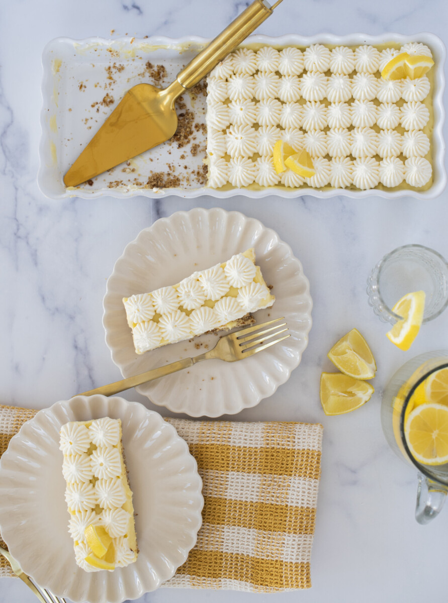 Lemon tart slices on plates.