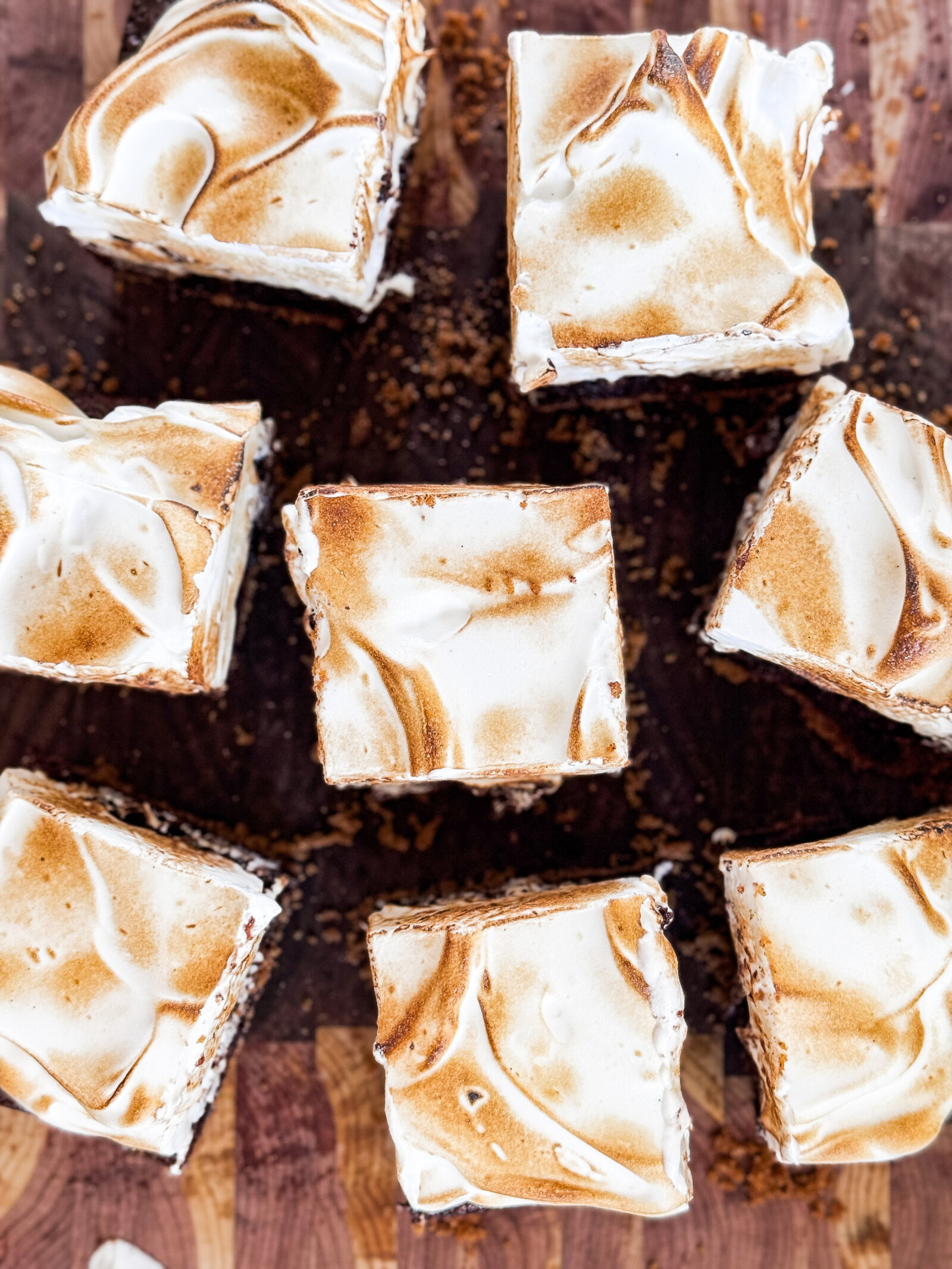 S'mores brownies on a cutting board.
